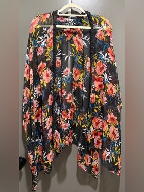 Floral Black Sheer Kimono Cardigan - Pink & Yellow Blooms